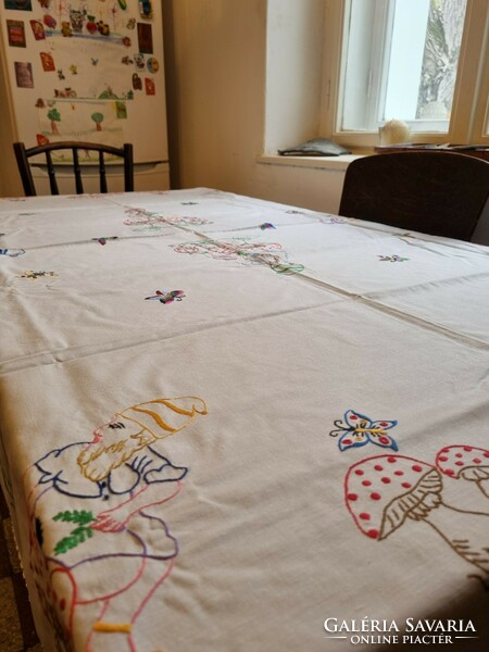 Old embroidered table cloth with gnome and mushroom pattern 135 x 180