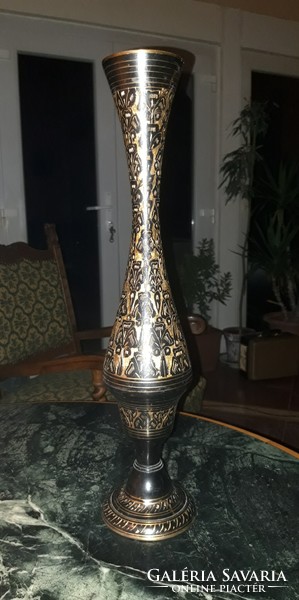 Gold colored engraved Indian copper vase - 50 cm