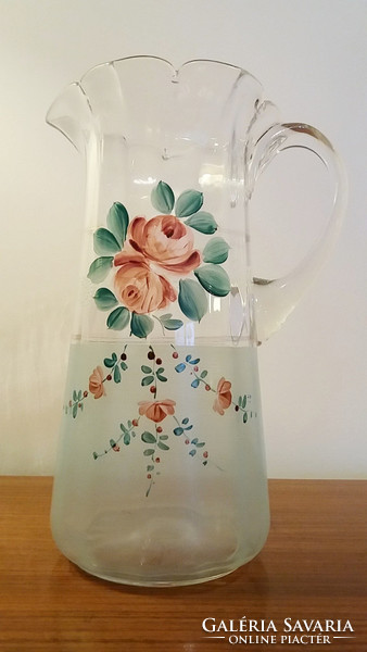 Old huta glass large jug painted rose art nouveau glass jug 25 cm