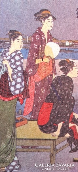 Kimonós asszonyok (japán fametszet, 17x8 cm) életkép, japán kultúra, ukiyo-e