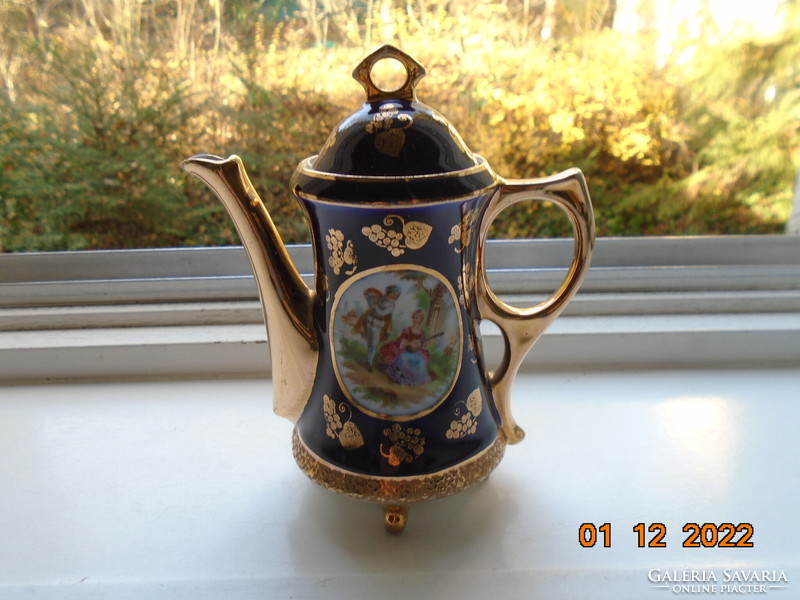 Altwien cobalt gold coffee pourer on 4 legs, hinged scene, gold stylized grape pattern