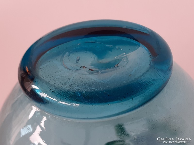 Old blue huta glass painted pink small jug broken glass 12 cm damaged