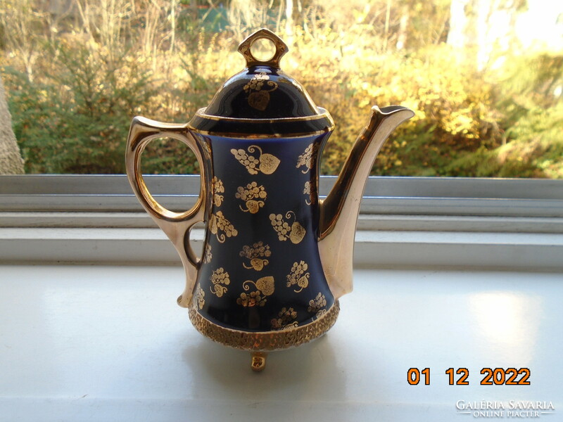 Altwien cobalt gold coffee pourer on 4 legs, hinged scene, gold stylized grape pattern