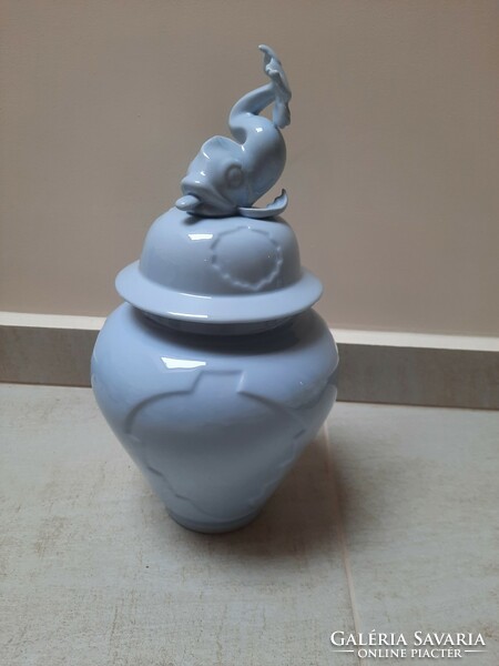 Herend blue glazed dolphin porcelain vase with lid