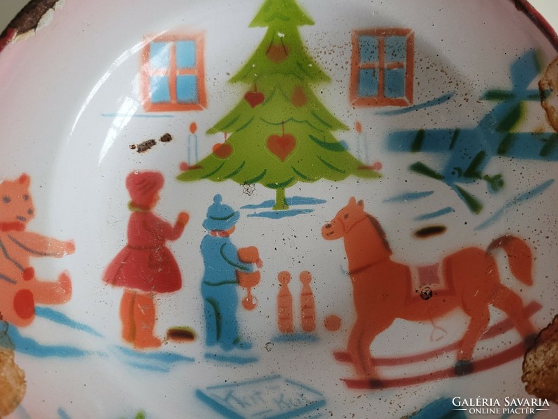 Old vintage 3 pcs enameled children's plates Easter bunny Christmas pattern enamel plate lampart