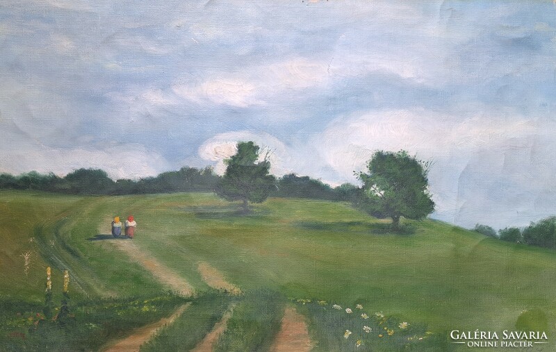 A walk in the serene field (oil, canvas, 48x31 cm) summer landscape, still life