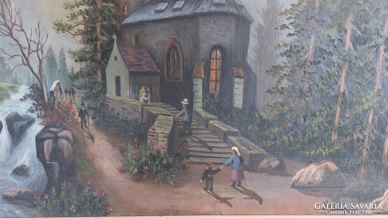 Mesebeli tájképfestmény kis templommal 82x63 cm kerettel