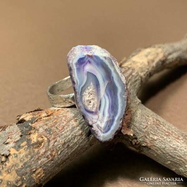 925 Silver ring with agate geode stone size 7 (17 mm diameter) large mineral