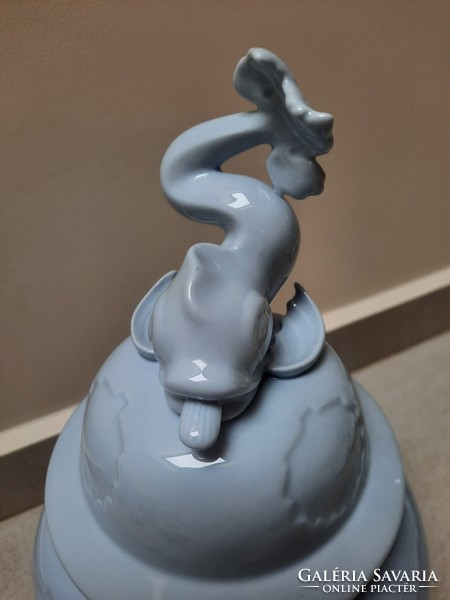 Herendi Kék mázas delfin fogós fedeles porcelán váza