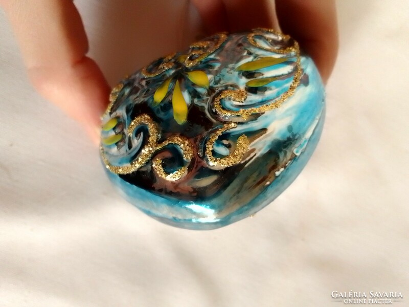 Old special hand-painted blue gold pattern Czech glass heart Christmas tree ornament 6 cm