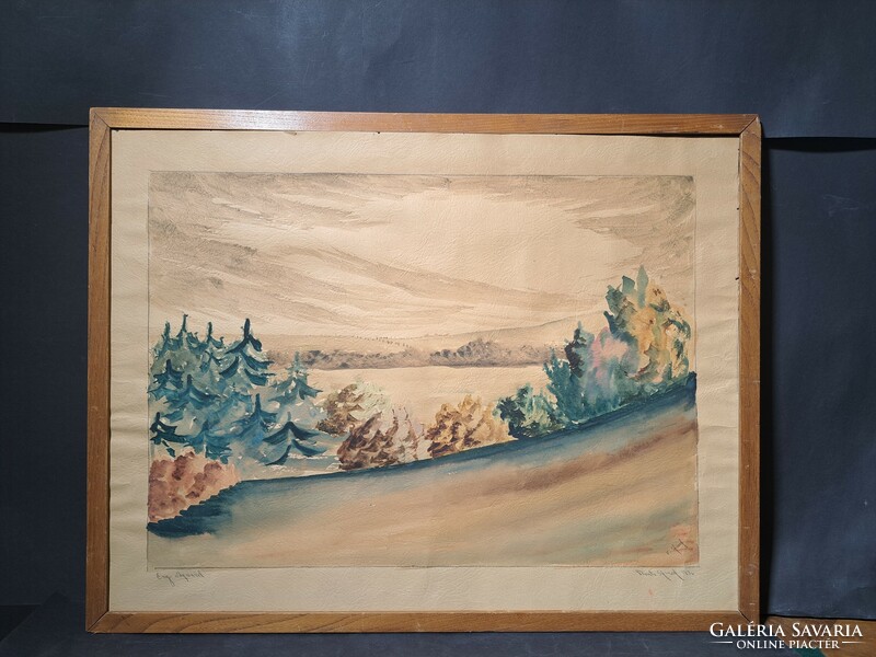 Watercolor, 1936 - Greek painter? Unidentified sign - landscape with pine trees
