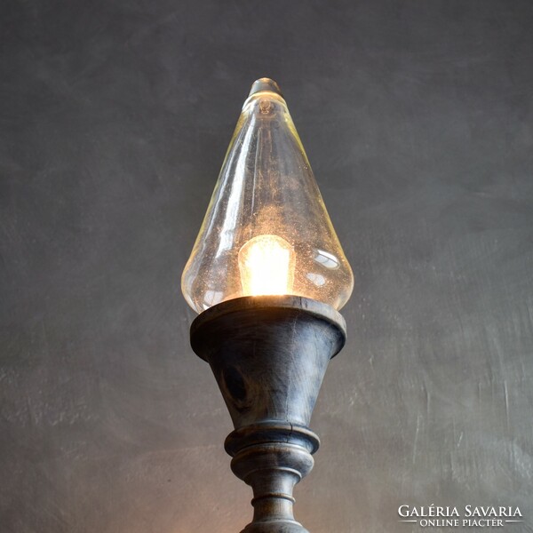 Huge floor lamp reworked in vintage loft style, natural wood surface, individually blown glass shade