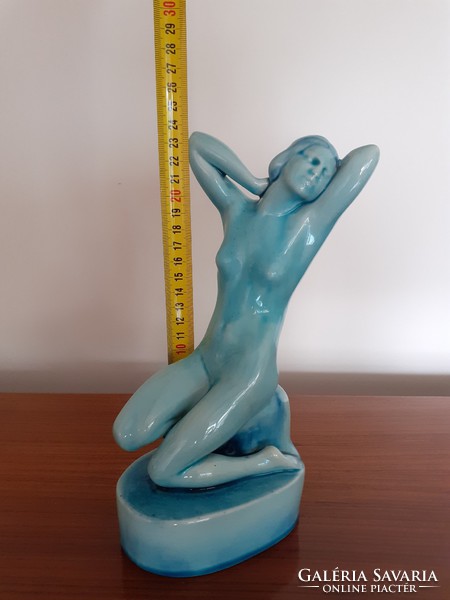 Old Zsolnay porcelain longing woman blue sitting female nude statue