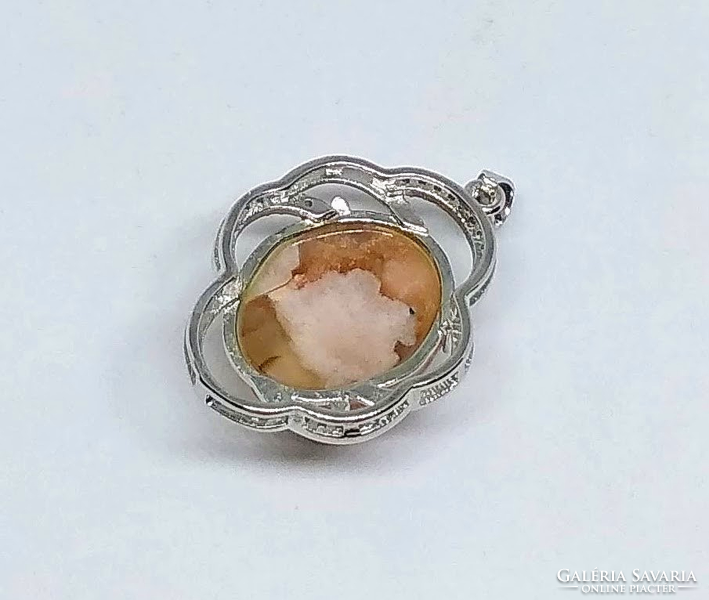 Natural peach pink sakura agate mineral pendant, cz crystal in Tibetan silver setting k51716