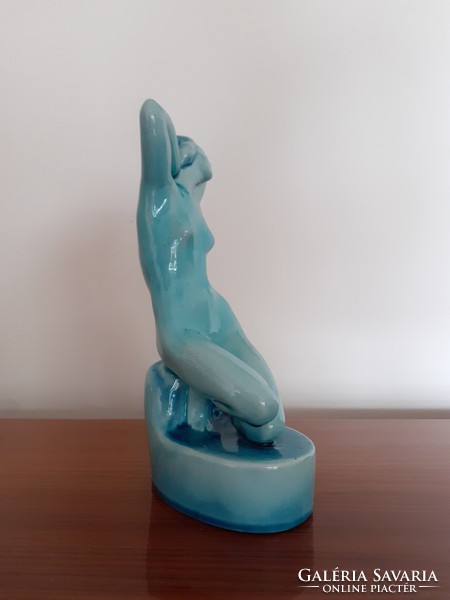 Old Zsolnay porcelain longing woman blue sitting female nude statue