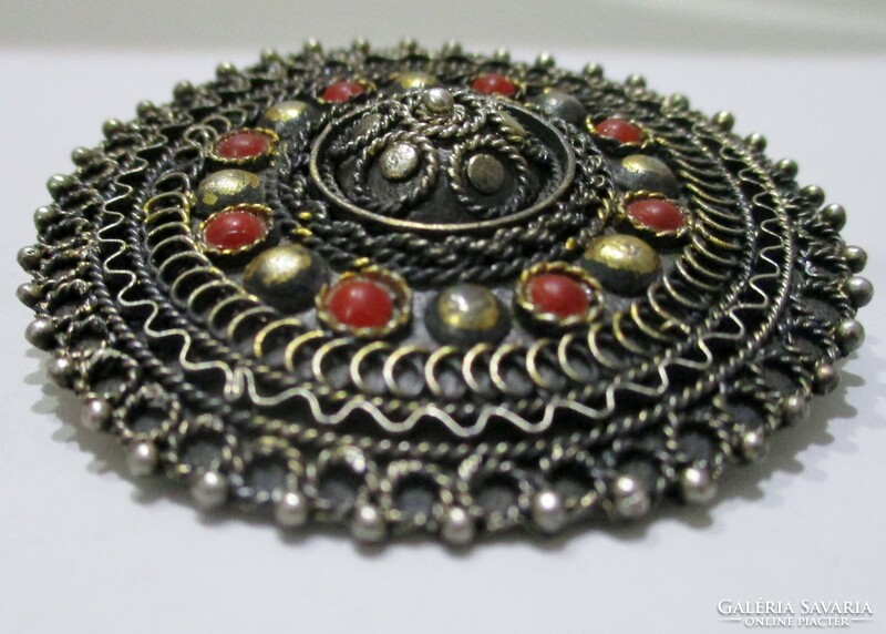Beautiful antique large silver pendant and brooch with coral stones