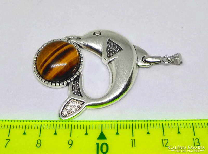 Natural tiger's eye pendant, Tibetan silver in dolphin socket m86448