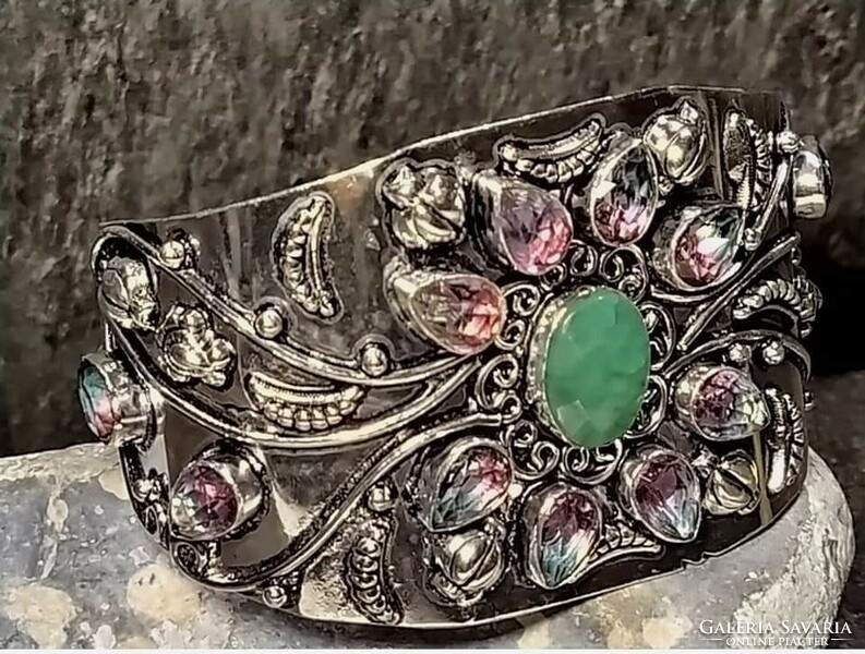 Csodás indiai karperec bicolor turmalinnal ès smaragd   drágakővel - 925 új