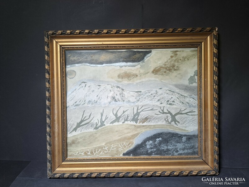 Fairytale landscape - with shiny, metallic paint, acrylic? - Size with frame 36x44 cm