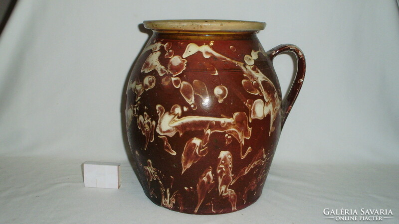 Antique glazed earthenware jug, jam silke - flowing glazed folk ceramics, large size