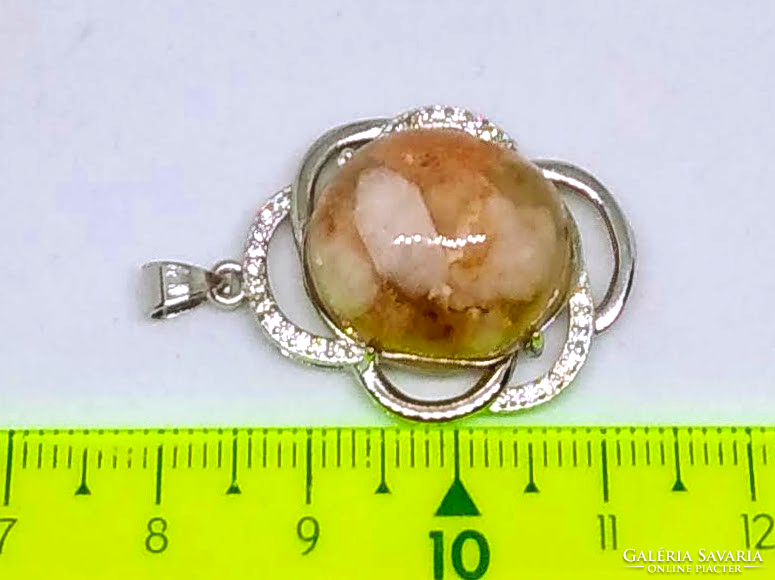 Natural peach pink sakura agate mineral pendant, cz crystal in Tibetan silver setting k51716