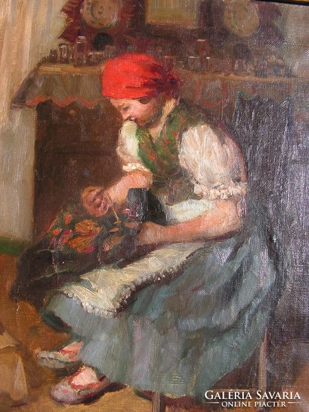 Sándor Turmayer: a wench who sews clothes. Oil on canvas.