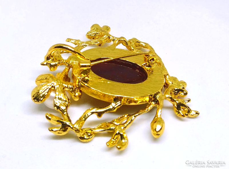 Gold-plated red agate stone brooch-pendant a73820