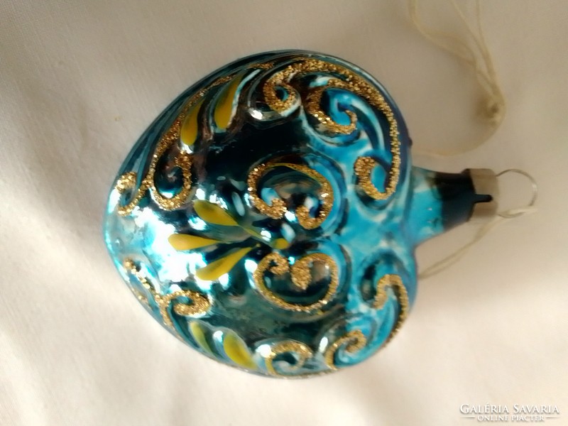 Old special hand-painted blue gold pattern Czech glass heart Christmas tree ornament 6 cm