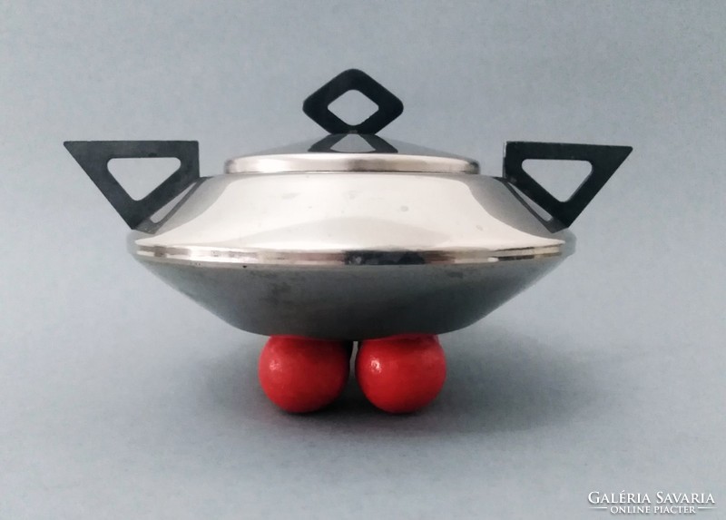 Postmodern metal sugar bowl with lid, 4 red balls on legs, 1980s