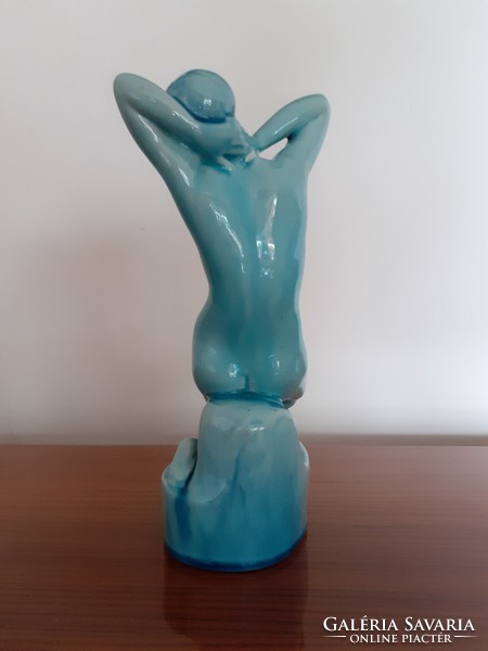 Régi Zsolnay porcelán vágyakozó nő kék ülő női akt szobor