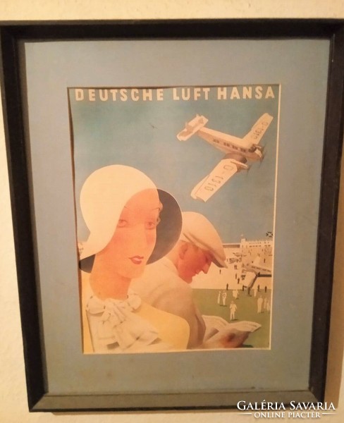 Old Lufthansa advertising placard in frame