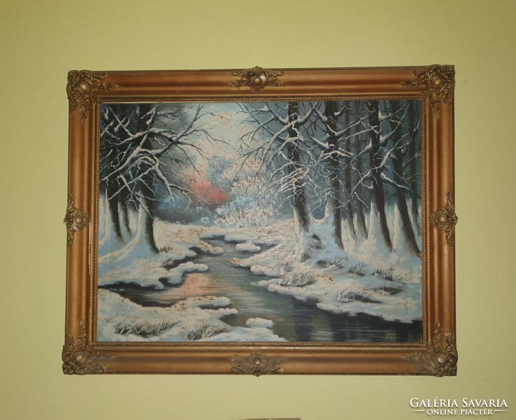 Jenő Karlovics, winter forest with stream, oil painting on canvas 60x80 cm, with frame 75x95 cm,