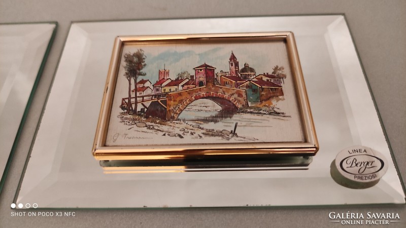 Miniature painted picture on a gilded sheet applied to an incised mirror, priced per piece