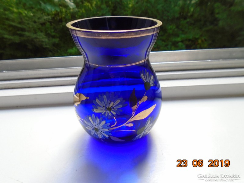 Kobaltkék,kézzel festett,aranyozott kis üveg váza