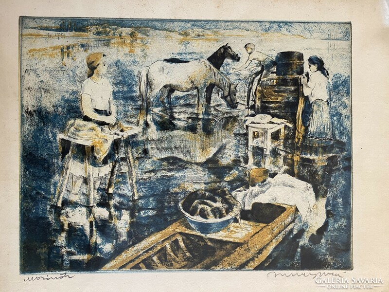 István Imre: washerwomen color etching