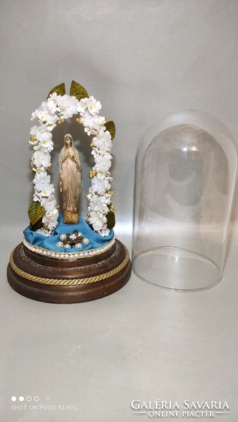 Antique old nun work convent work Maria wax statue under a glass hood on a wooden base