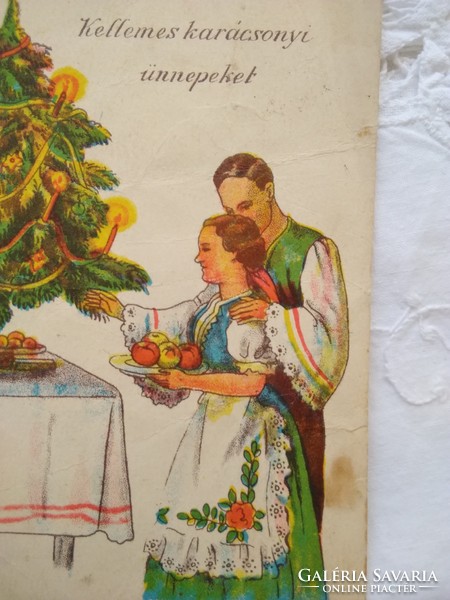 Old graphic, Christmas postcard / greeting card with couple in traditional costume, Christmas tree 1939