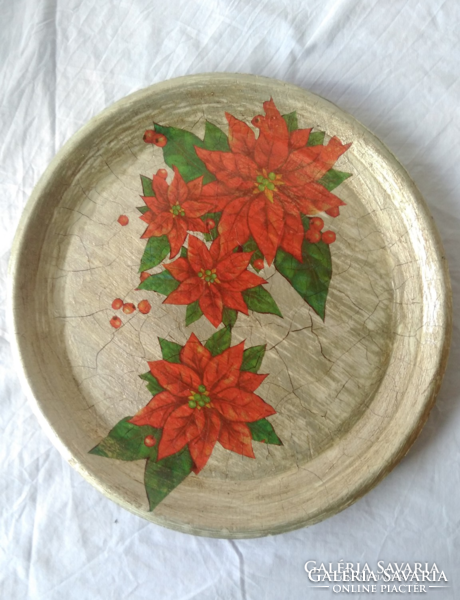 An excellent gift for Christmas! Oval, hand-painted, antique gold, Santa Claus floral, wooden tray, centerpiece