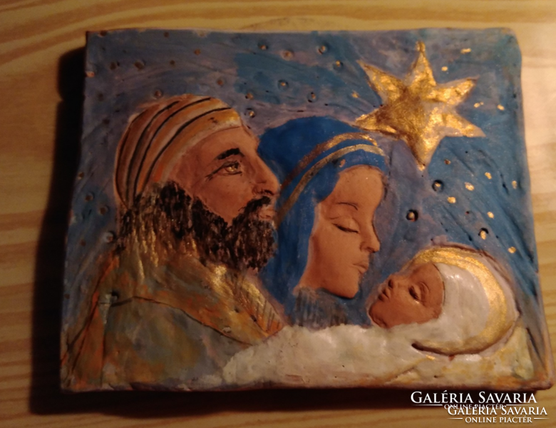 The holy family, the birth of Jesus - ceramic, clay tiny painted relief