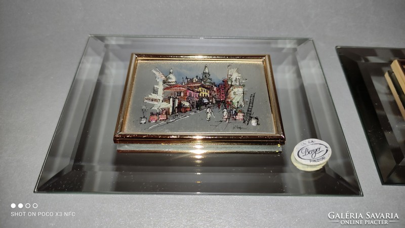 Miniature painted picture on a gilded sheet applied to an incised mirror, priced per piece