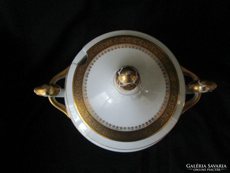 Old gilt Schlaggenwald marked quality thin porcelain dish with lid