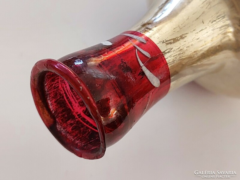 Régi üveg karácsonyfadísz piros ezüst festett csúcsdísz üvegdísz 20 cm
