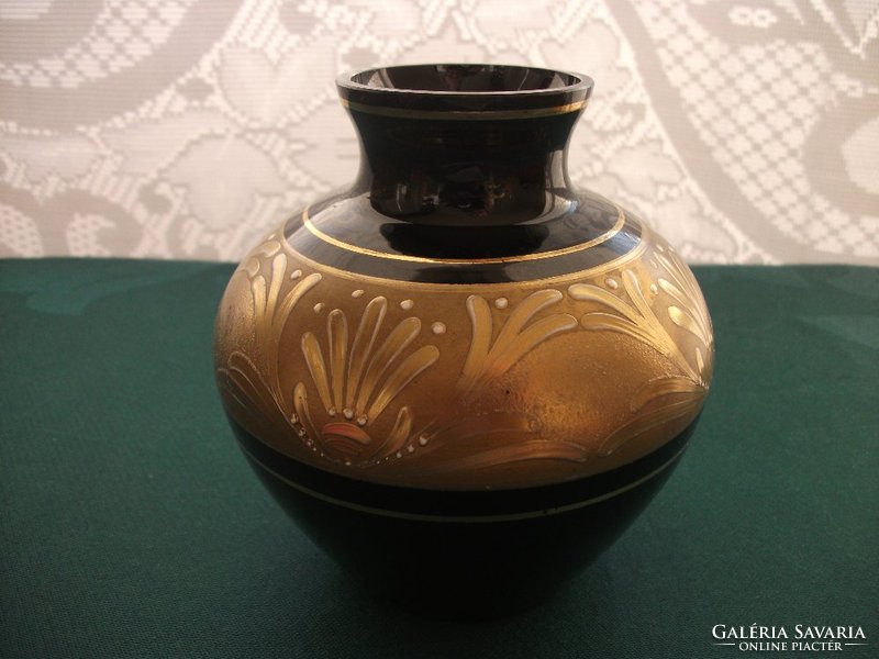 Moser style convex dark purple vase with gold decoration