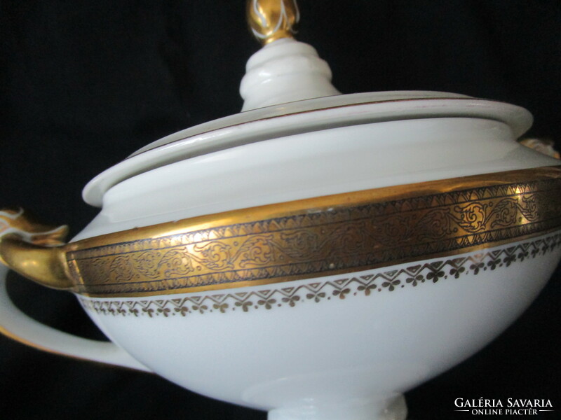 Old gilt Schlaggenwald marked quality thin porcelain dish with lid
