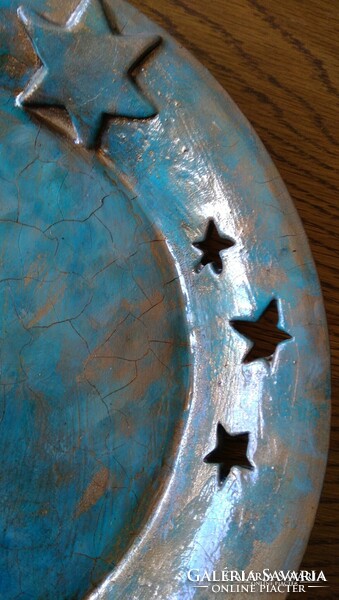 Also for a gift! Handcrafted antique, starry, perforated, ceramic, earthenware bowl, decorative bowl in the middle of the table
