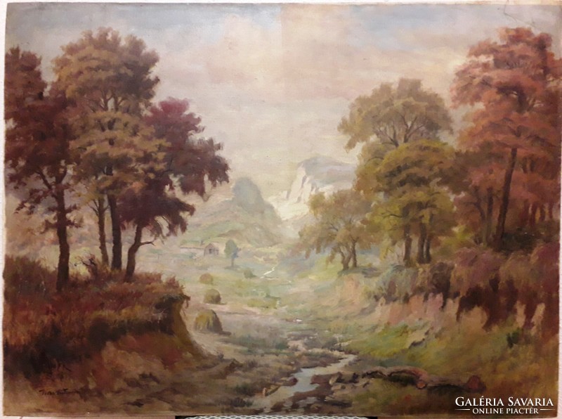 Kálmán Kiss (1878 - 1967): landscape with a stream and a house in the valley