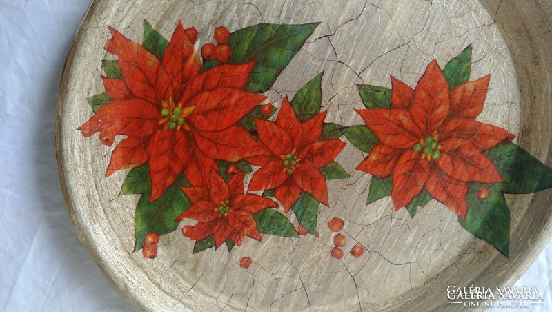 An excellent gift for Christmas! Oval, hand-painted, antique gold, Santa Claus floral, wooden tray, centerpiece