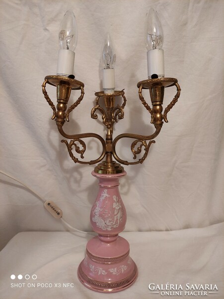 Antique Florentine porcelain scene table bedside lamp with three lights rarity marked original