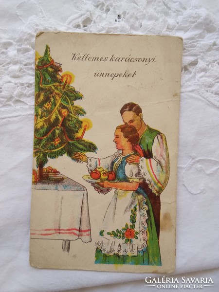 Old graphic, Christmas postcard / greeting card with couple in traditional costume, Christmas tree 1939