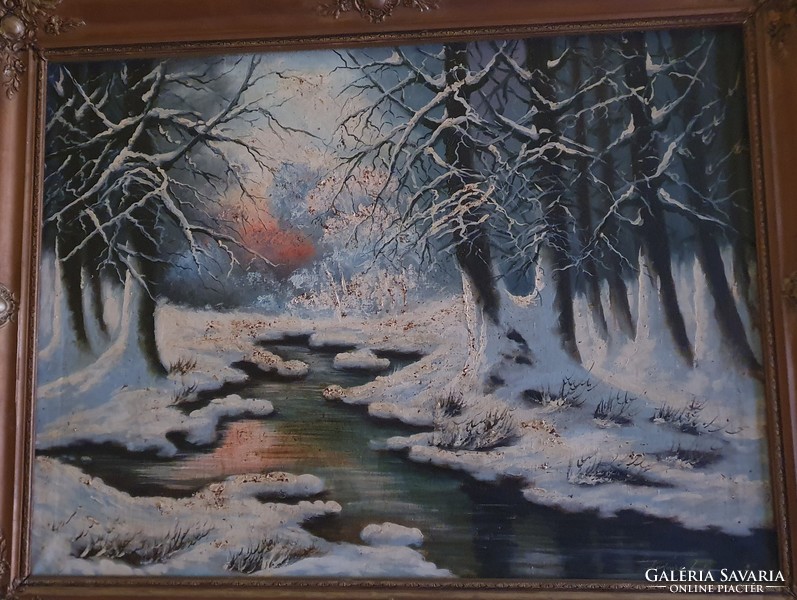 Karlovics Jenő, Téli erdő patakkal, olaj festmény vásznon 60x80 cm, kerettel együtt 75x95 cm,